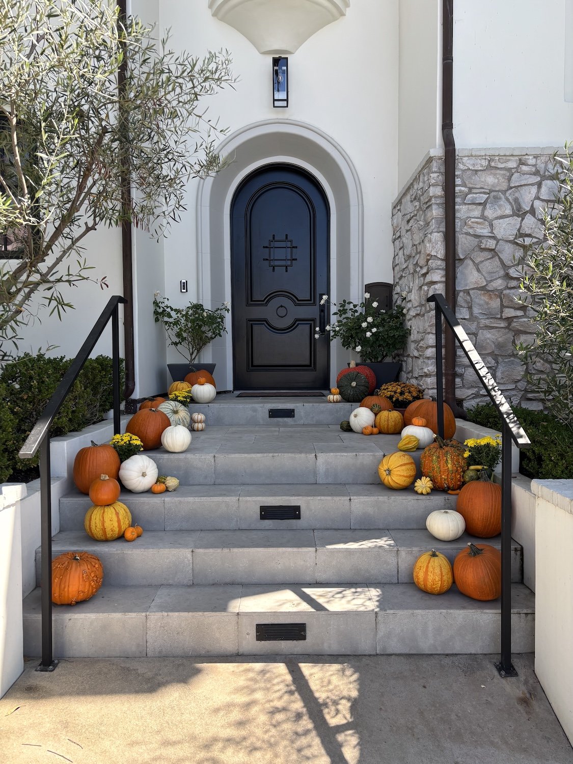 Pumpkins and mums styled along stone steps leading to an arched black front door